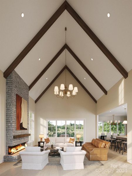 Look at this soaring ceiling in the living room with a gas fireplace and wood beams and an elegant chandelier. Rendered pic.