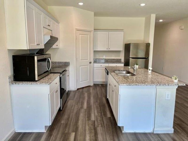 Kitchen with sink, dark wood-type flooring, stainless steel appliances, and white cabinetry