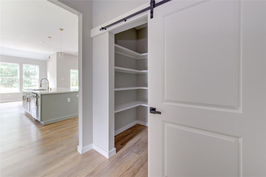 Large walk-in pantry with barn door