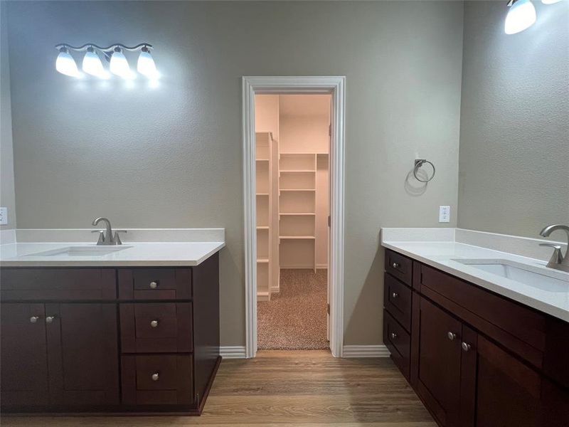 Bathroom featuring vanity and hardwood / wood-style floors