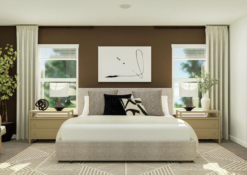 Rendering of the spacious owner's bedroom
  showcasing a large bed, two nightstands, and seating area with natural décor
  throughout.