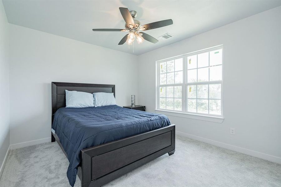 Carpeted bedroom with ceiling fan