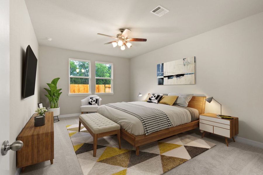 Primary bedroom. Note: Sample product photo - actual exterior and interior selections may vary by homesite