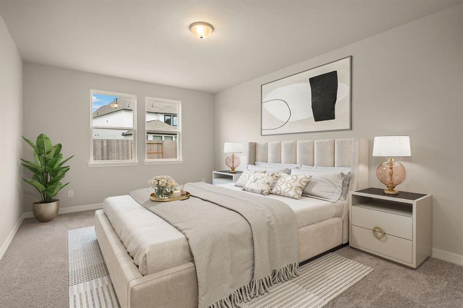 The primary bedroom is generously sized, creating a tranquil and spacious retreat that offers ample room for relaxation. Featuring plush carpet, high ceilings, fresh paint, and large windows that lets in natural lighting throughout the day.