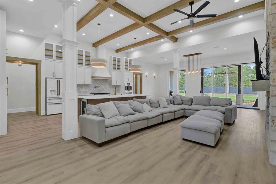 Chef's kitchen overlooks spacious family room