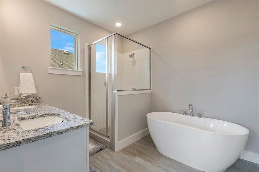 Bathroom with dual bowl vanity and plus walk in shower