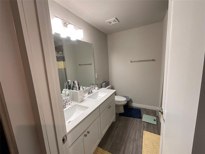 Bathroom with vanity, hardwood / wood-style floors, and toilet