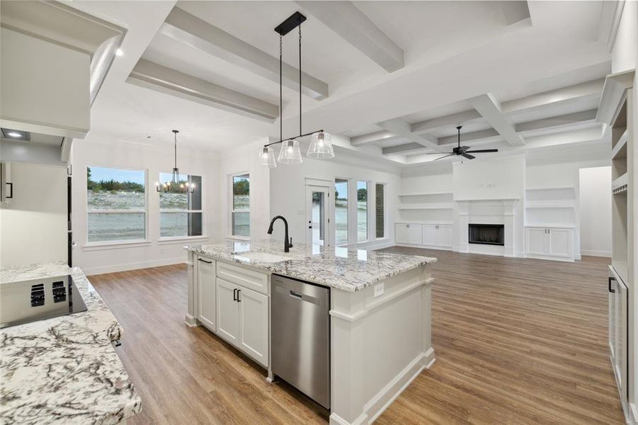 Kitchen with dishwasher, ceiling fan with notable chandelier, hardwood / wood-style floors, and an island with sink