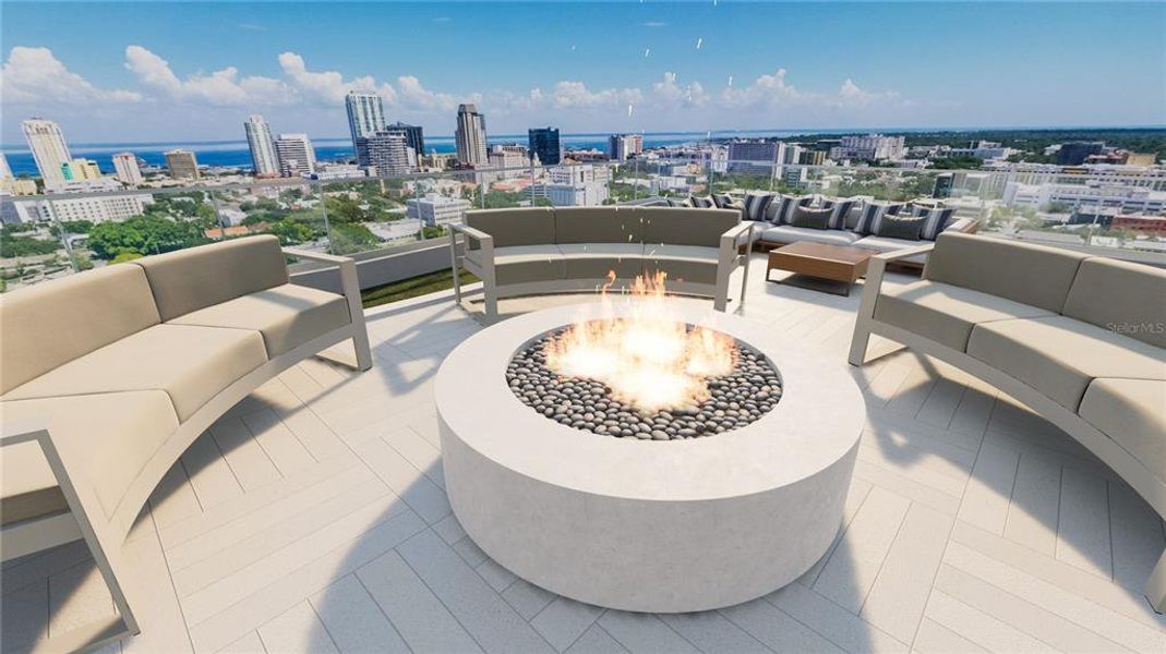 Firepit on the rooftop amenity deck overlooking Mirror Lake