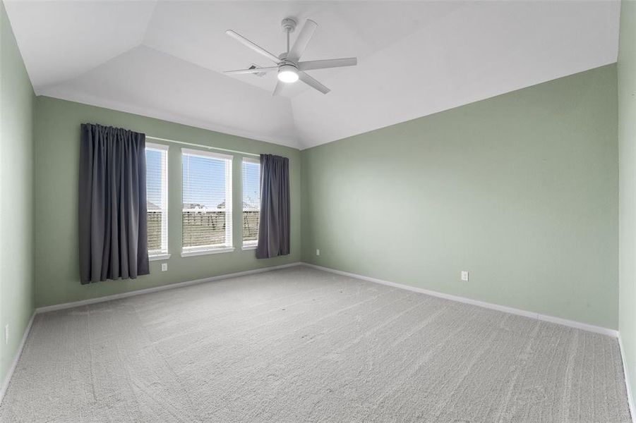 The primary bedroom is quite large, with lush carpet, coffered ceilings and overlooks the backyard through 3 large windows