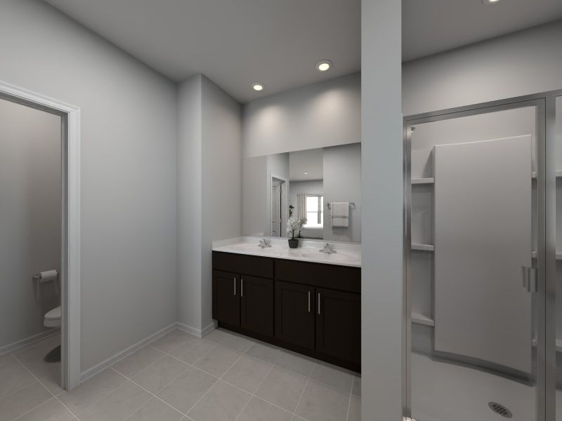 Virtual rendering of primary bathroom in Everett floorplan