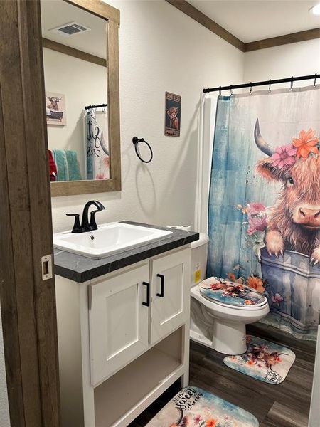 Bathroom featuring hardwood / wood-style flooring, toilet, a shower with curtain, crown molding, and vanity