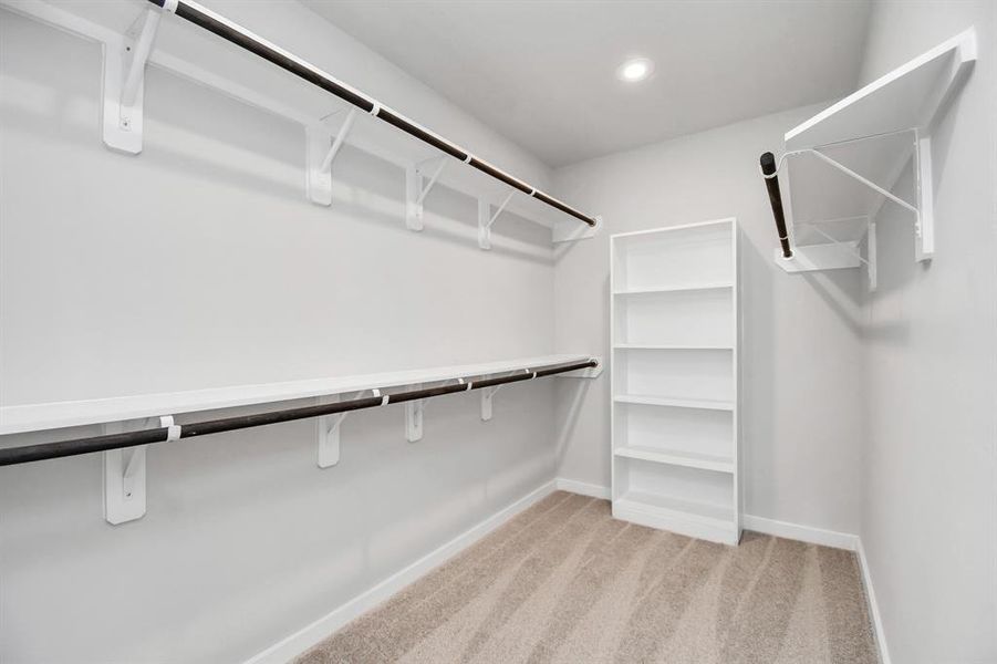 Immerse yourself in the lap of luxury within this roomy walk-in closet boasting high ceilings, built in shelves, and plush carpeting.