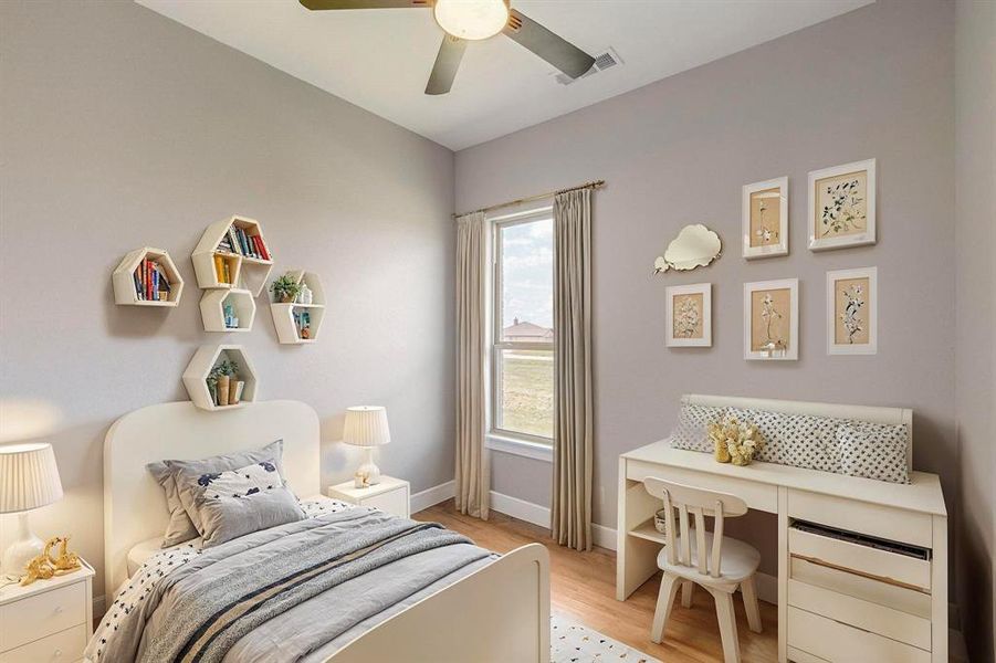 Virtual Staged Bedroom with light hardwood / wood-style flooring and ceiling fan