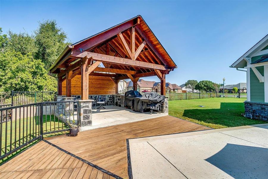 Fully equipped outdoor kitchen with gas and electrical hookups, ready for al fresco dining and entertaining.