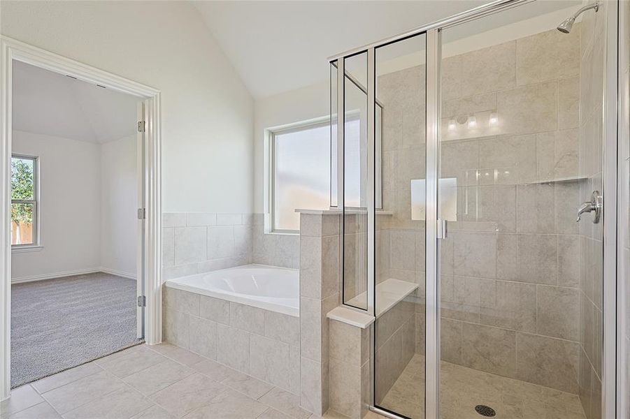 Bathroom featuring lofted ceiling, independent shower and bath, and tile patterned floors