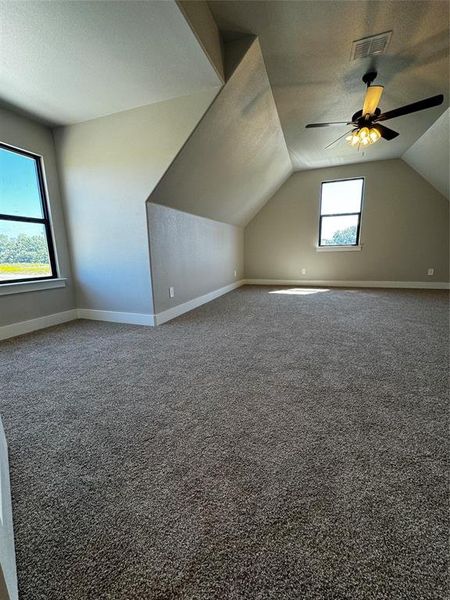 Additional living space featuring ceiling fan, vaulted ceiling, and carpet flooring