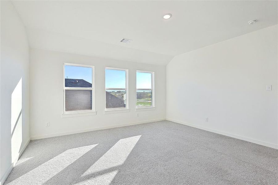 Empty room featuring light colored carpet and lofted ceiling