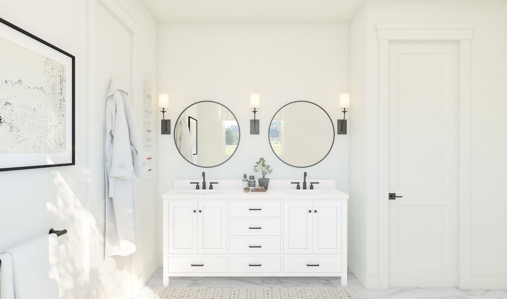 Primary bath with dual sinks and matte black fixtures throughout