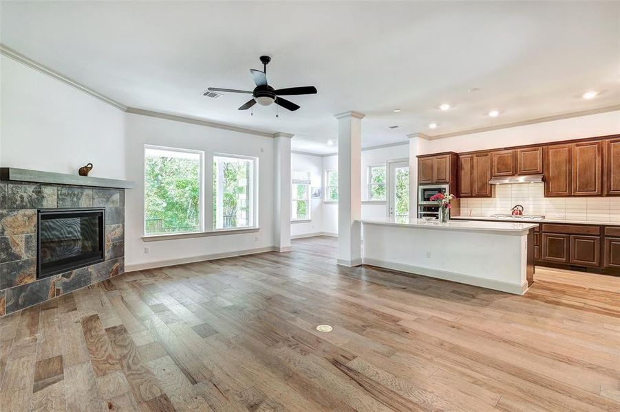 Open Living, Dining Kitchen and Fireplace