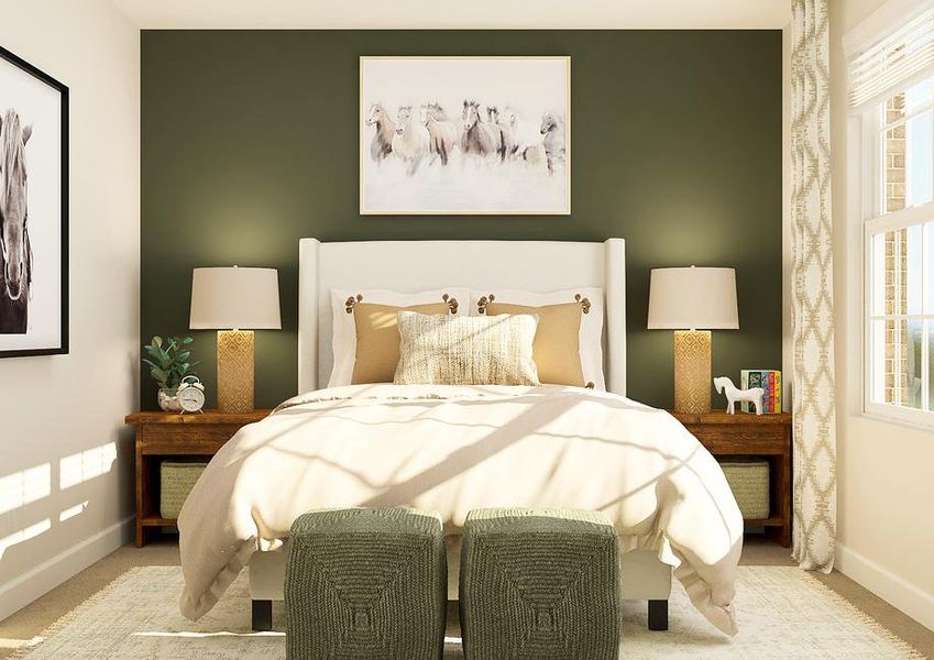 Rendering of a
  bedroom furnished with a bed, two nightstands, a rug and two poufs. The room
  is decorated with horse-themed artwork.