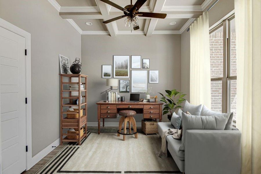 Office with coffered ceiling, beamed ceiling, wood-type flooring, crown molding, and ceiling fan