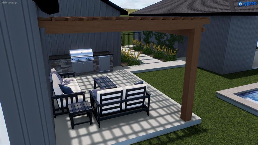 Rendering of outdoor kitchen/living when home is completed. Notice the pergola and modern concrete steps.