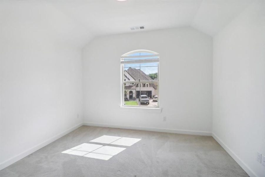 Empty room featuring carpet and lofted ceiling