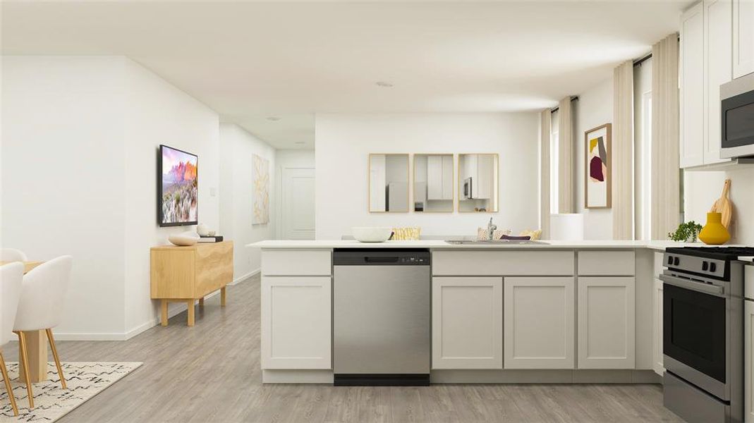 Kitchen with light hardwood / wood-style flooring, sink, stainless steel appliances, kitchen peninsula, and white cabinetry