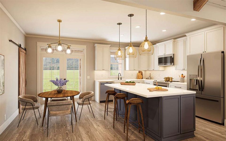 The kitchen features a sizable island, which is great for cooking, dining, and hosting guests. It's designed with entertaining in mind.