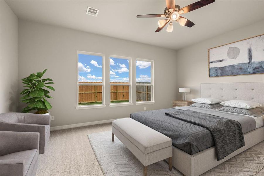 The primary bedroom is generously sized, creating a tranquil and spacious retreat that offers ample room for relaxation. Featuring plush carpet, high ceilings, fresh paint, and large windows that lets in natural lighting throughout the day.