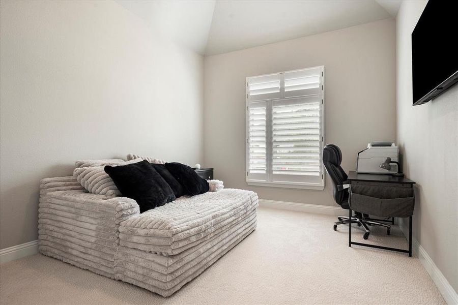 Living area with lofted ceiling and carpet floors