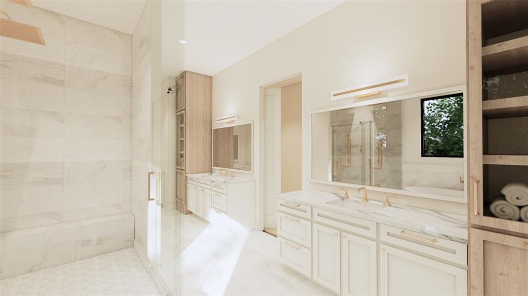 Primary bathroom with dual vanities, large standing shower, soaking tub, and spacious walk-in closet.