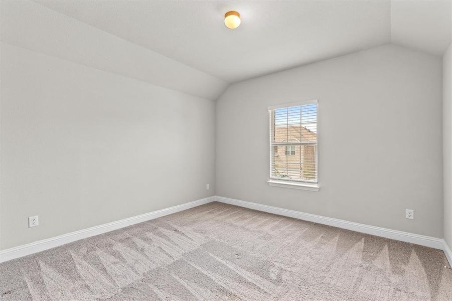 Empty room featuring lofted ceiling and carpet flooring