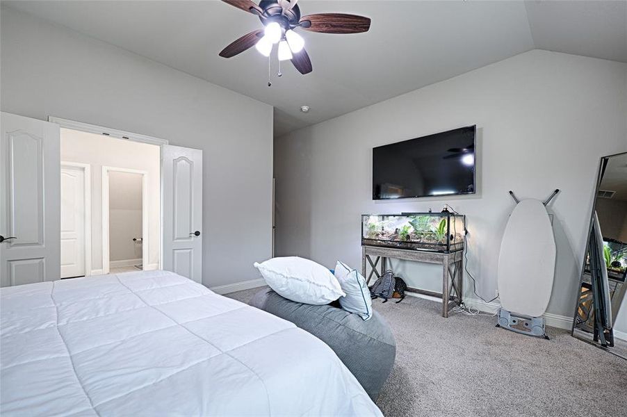 Bedroom with lofted ceiling, carpet, and ceiling fan