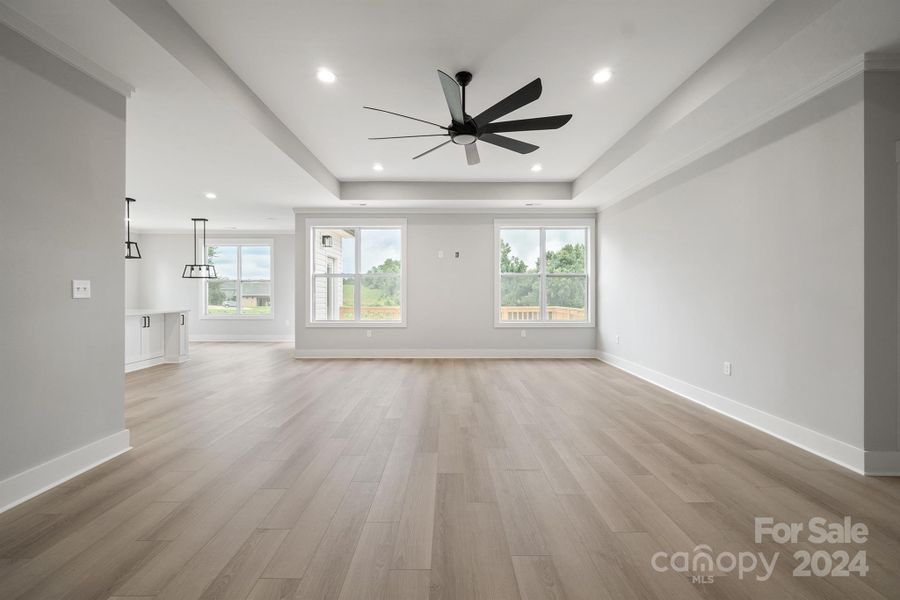 Large living room with 72" ceiling fan - gorgeous tray ceilings