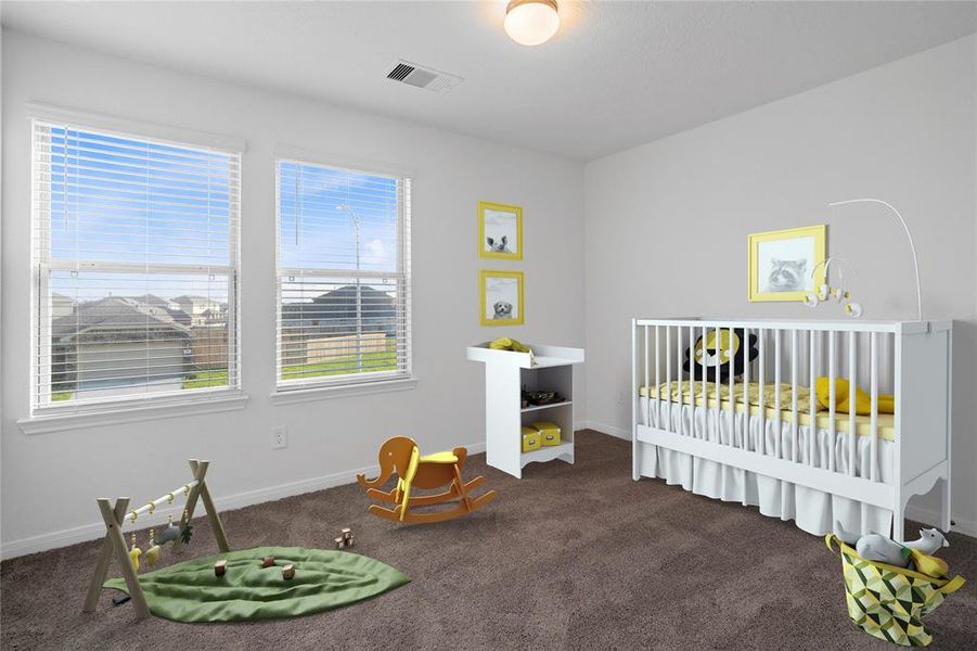 Secondary bedroom features plush carpet, custom paint and a large windows.