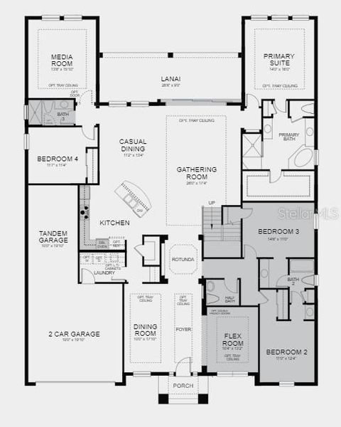 Structural options include: gourmet kitchen, tray ceilings, wood stairs, shower at bath 3, shower at bath 4, 8 ft doors, door at media room, pocket slider at gathering room
