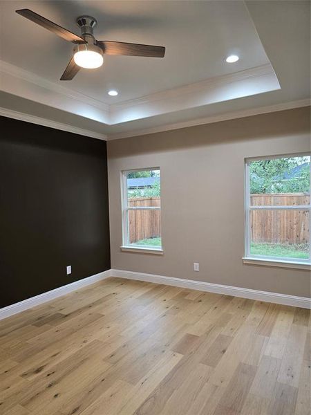 Unfurnished room featuring ceiling fan, a raised ceiling, light wood-type flooring, and ornamental molding