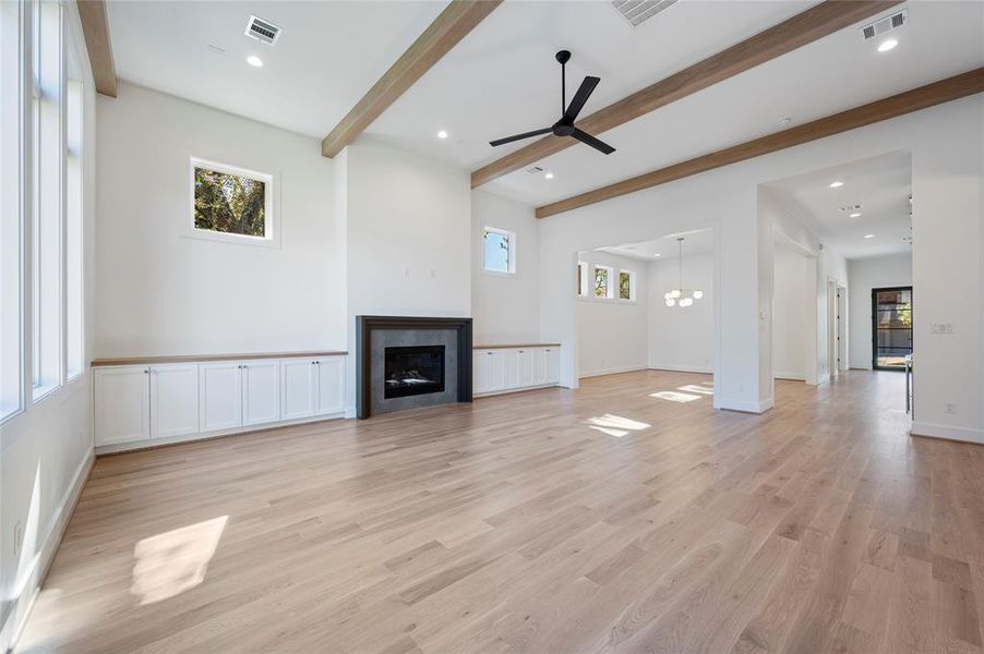 Great room with 13' ceilings and white oak beams