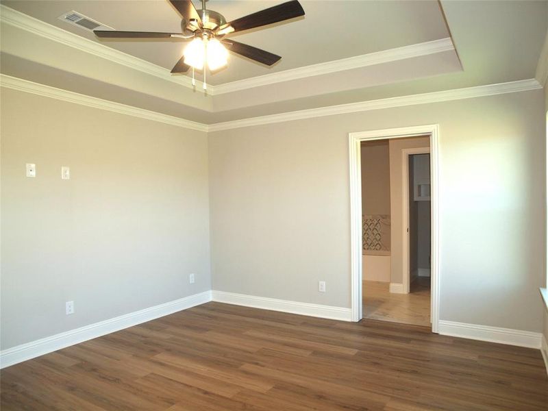 Unfurnished room featuring dark wood-type flooring, a tray ceiling, ceiling fan, and crown molding