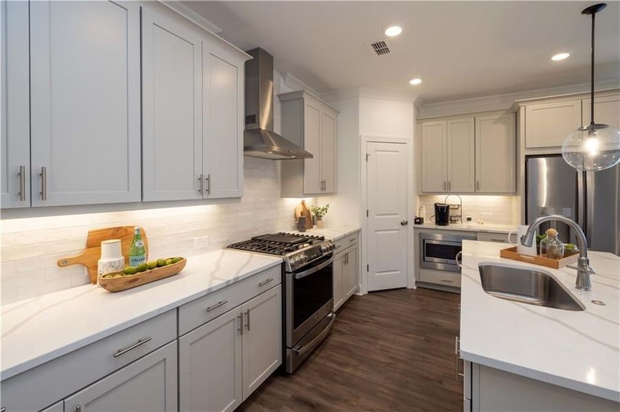 Kitchen with appliances with stainless steel finishes, tasteful backsplash, sink, dark hardwood / wood-style flooring, and wall chimney exhaust hood , not the actual unit