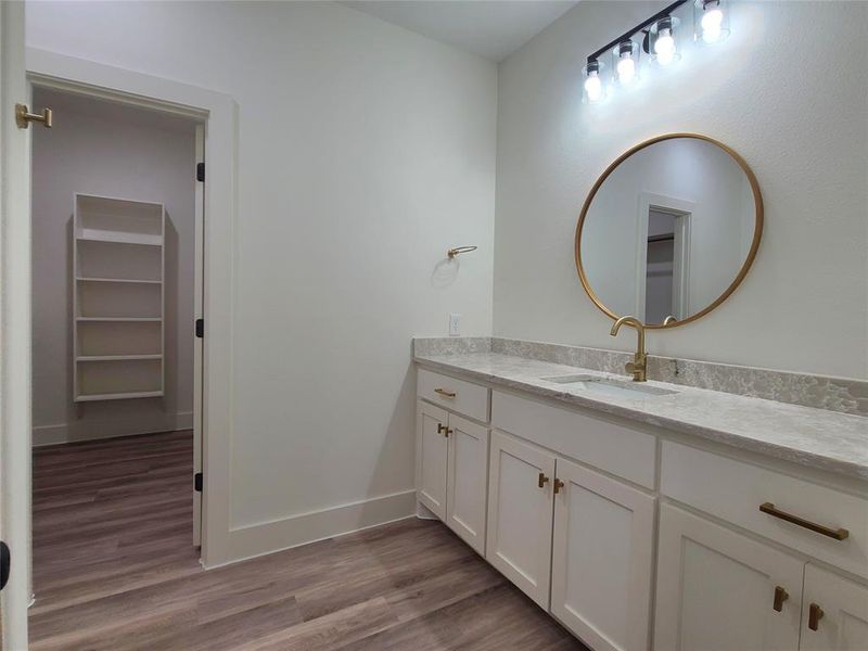 Bathroom with vanity and wood-type flooring