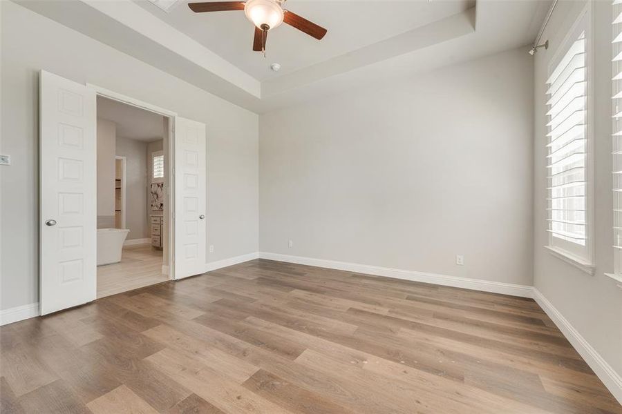 Primary bedroom featuring light wood-type flooring, a tray ceiling, and multiple windows