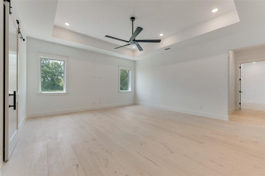 Empty room with plenty of natural light, light hardwood / wood-style floors, a barn door, and a tray ceiling