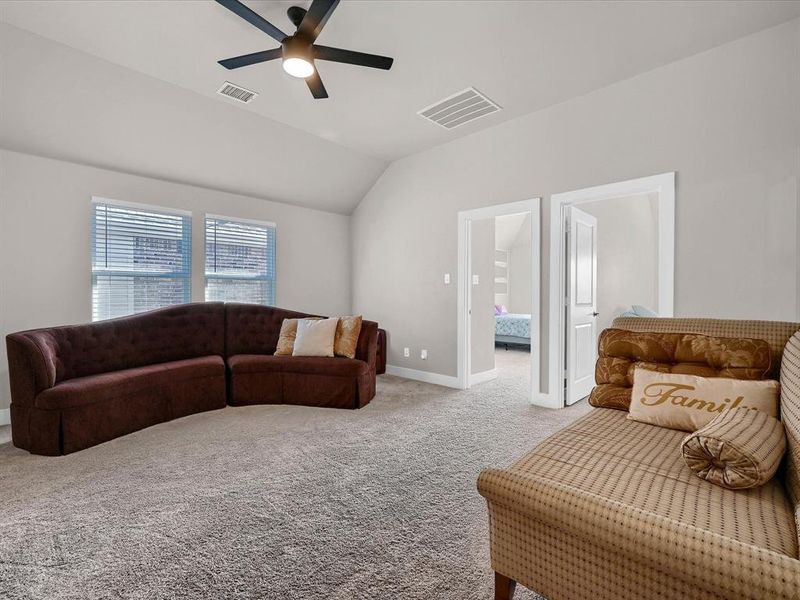 Carpeted living room with ceiling fan and vaulted ceiling