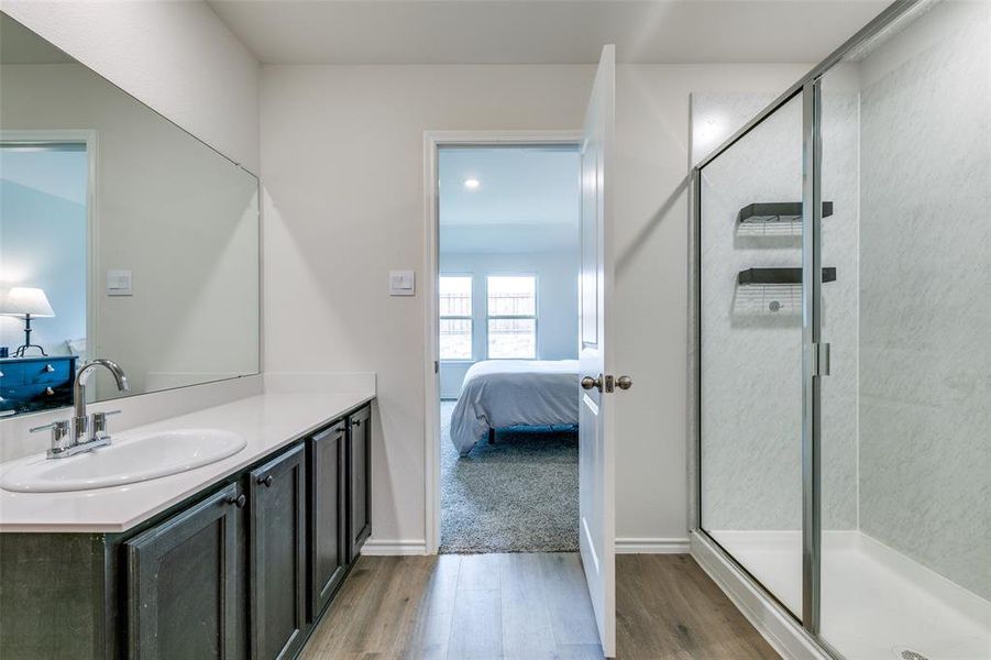 Bathroom with vanity, wood-type flooring, and a shower with shower door