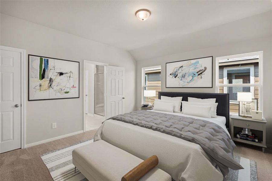 The primary bedroom is generously sized, creating a tranquil and spacious retreat that offers ample room for relaxation. Featuring plush carpet, high ceilings, fresh paint, and large windows that lets in natural lighting throughout the day.