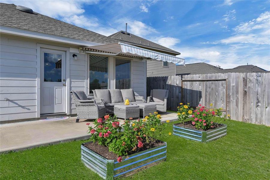 Extended patio, Awning, flower garden