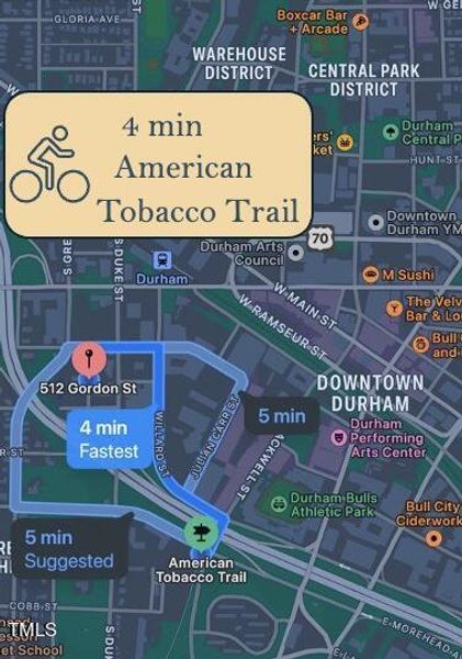 5 - 4 minute bike ride to American Tobac
